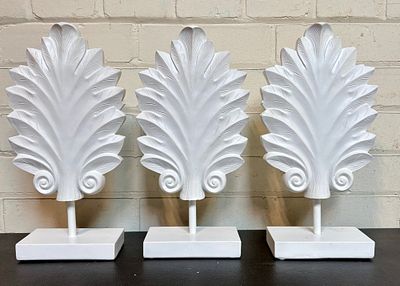 3 White Scrolled Leaf Figurines 5"X12"