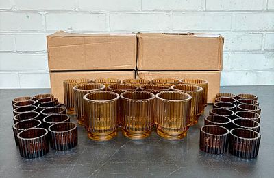 Large Lot Of App. 60 Amber Ribbed Votive Glass Candleholders 3"