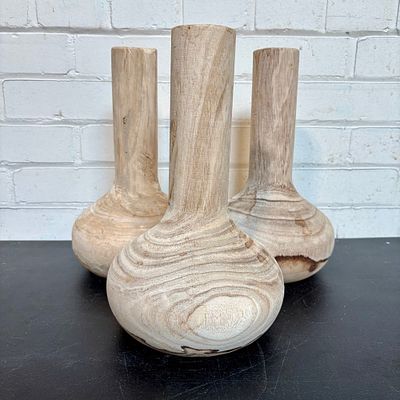 3 Natural Wood Bottle Vases 6"X6"X11"