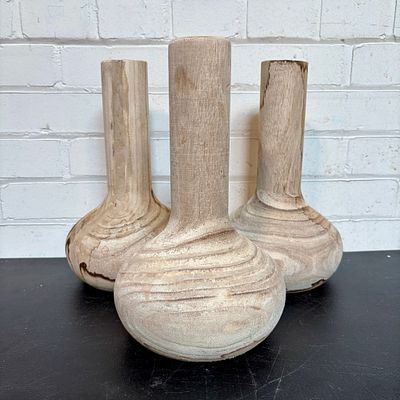 3 Natural Wood Bottle Vases 6"X6"X11"