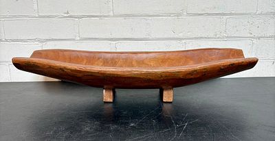 Carved Footed Wooden Bowl - Mid Century Style With Gold Flakes 9"X22"X4"