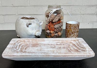 Pottery Pig, Carved Wooden Bowl And Decorations 6"X14"