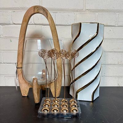 Lot Of Modern Decorations Including Place Markers And Vases (One With Slight Crack) 7"X7"X15"
