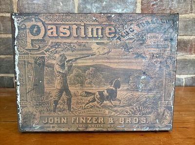 Late 19th Century Pastime Plug Tobacco Lithographed Tin Advertising Box, John Finzer and Bros. -. 