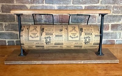 Antique General Store Cast Iron and Wood Wrapping Paper Dispenser with Decorative Advertising Paper