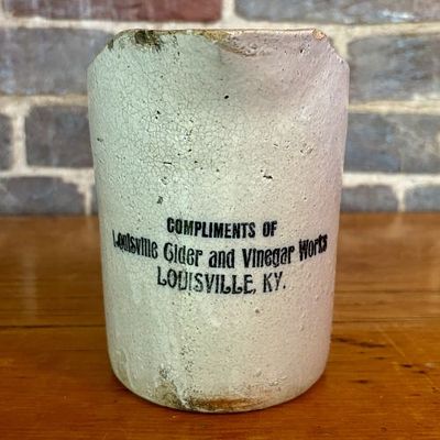 Antique Stoneware Advertising Pitcher for Louisville Cider and Vinegar Works - 5"x6"x6.5". This 