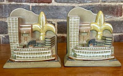 A Pair of Louisville Stoneware Commemorative Waterfront Bookends for First National Bank of. A 