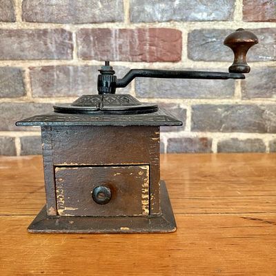 Antique Wood and Cast Iron Hand-Crank Box Coffee Mill 6"X10"X8". This manual box-mill style 