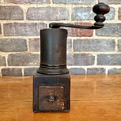 Antique Wood and Cast Iron Lap Coffee Mill, 19th Century 4"X8"X10.5". This antique manual coffee 