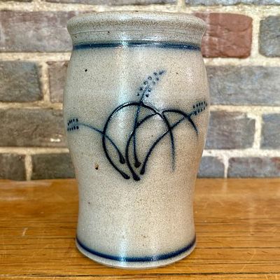 2001 Salt-Glazed Stoneware Vase with Cobalt Blue Slip-Trailed Decoration Signed Shupe 5"X8.5". Co 