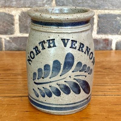 Westerwald Pottery North Vernon Indiana Commemorative Salt Glazed Stoneware Jar 4"X6". A 
