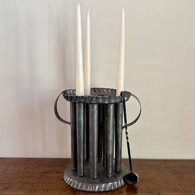 19th-Century American Tinned Sheet Iron Twelve-Tube Candle Mold with Accompanying Snuffer 10"X19". 