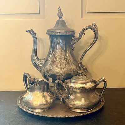Victorian Silver-Plated Presentation Coffee Service with Matching Tray (Platter 12"). A late 