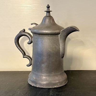 American Pewter Coffee Pot by Sellew and Co., Cincinnati 4"X6.5"X8". This antique pewter coffee 