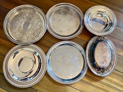 A Collection of Assorted Silver-Plated Serving Trays and a Reed & Barton Bowl 12.5". A 