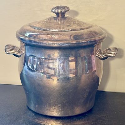 Mid-20th Century Silver-Plated Presentation Ice Bucket with Glass Liner and Scoop 7"X8.5"X9". A 