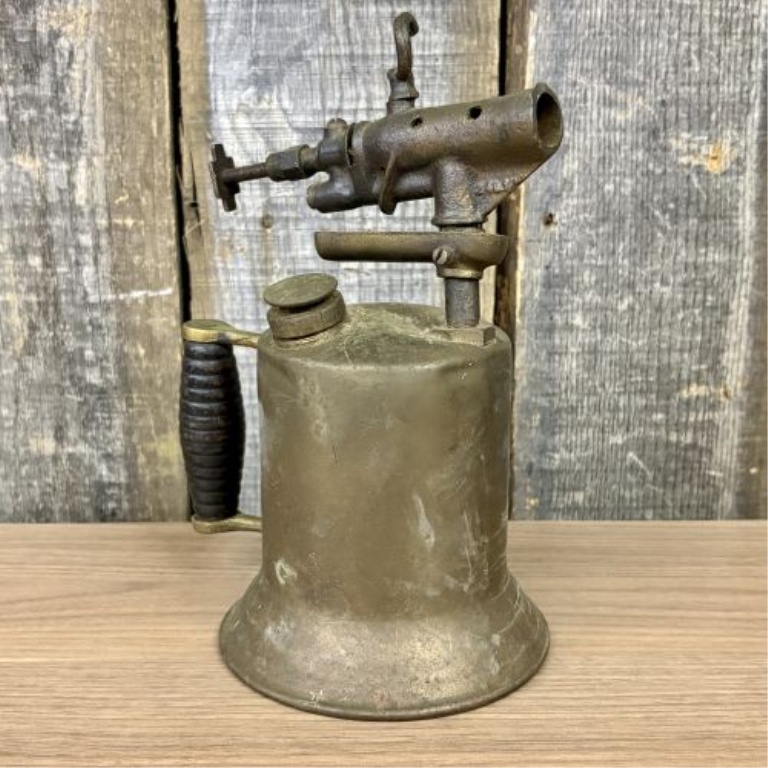 Antique Brass Gasoline Blowtorch with Cast Iron Burner and Ribbed Wood Handle