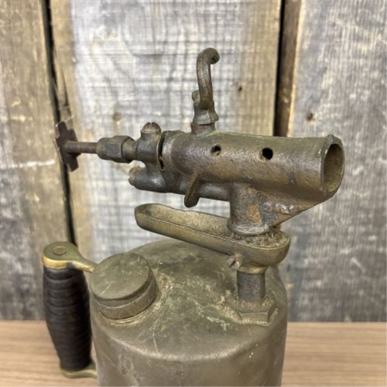 Antique Brass Gasoline Blowtorch with Cast Iron Burner and Ribbed Wood Handle
