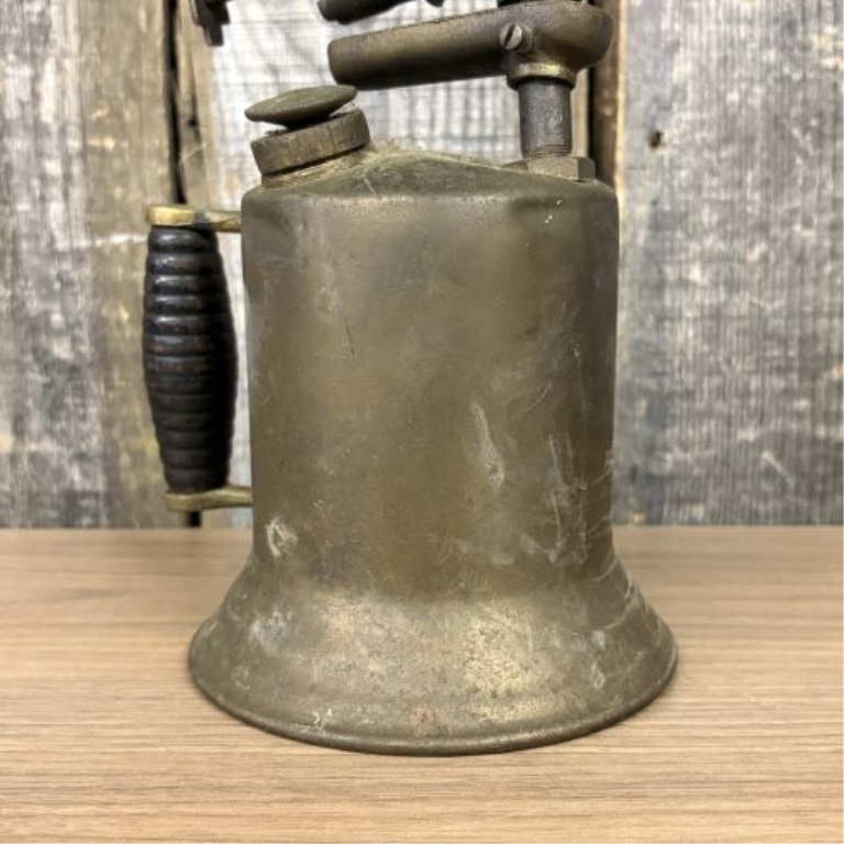 Antique Brass Gasoline Blowtorch with Cast Iron Burner and Ribbed Wood Handle