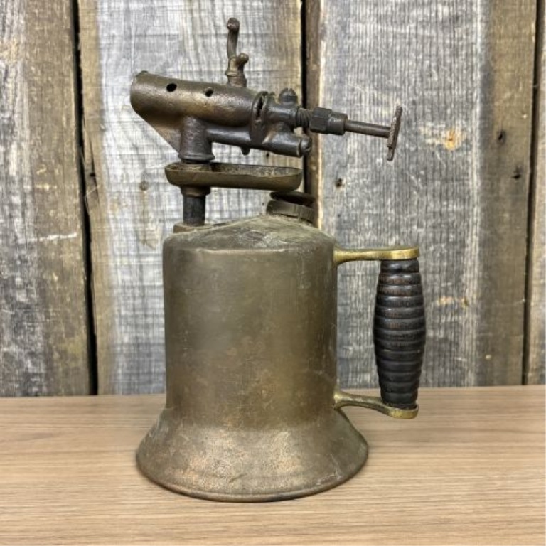Antique Brass Gasoline Blowtorch with Cast Iron Burner and Ribbed Wood Handle