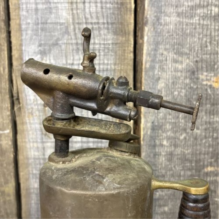 Antique Brass Gasoline Blowtorch with Cast Iron Burner and Ribbed Wood Handle