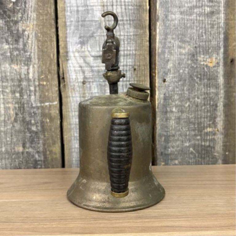 Antique Brass Gasoline Blowtorch with Cast Iron Burner and Ribbed Wood Handle