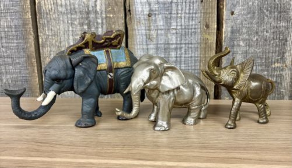 A Trio of Vintage - Vintage Style Metal Elephant Figurines Including a Cast Iron Coin Bank