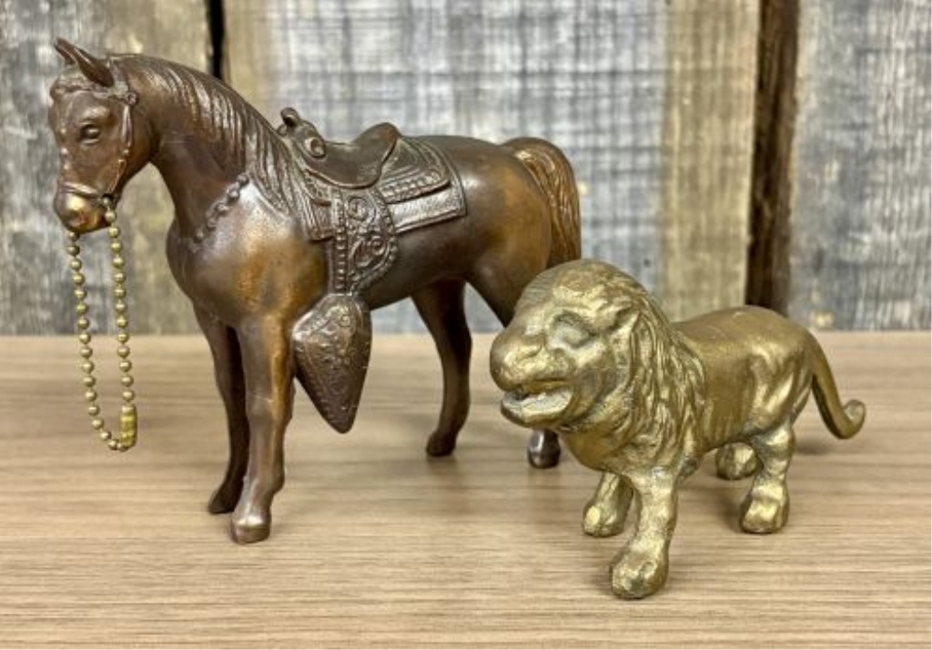 Two Vintage Brass - Cast Metal Animal Figurines, Saddled Horse and Lion