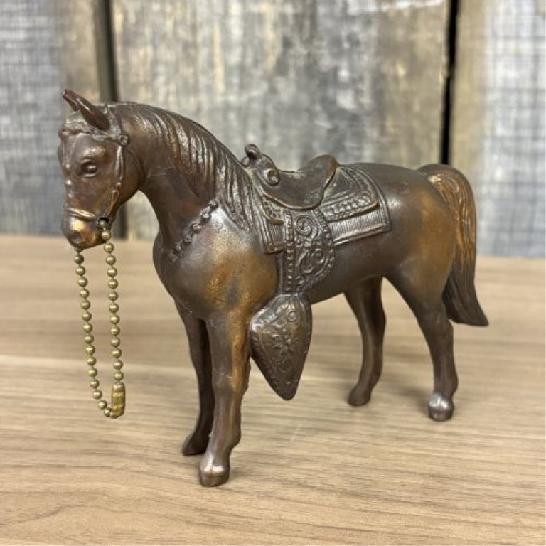Two Vintage Brass - Cast Metal Animal Figurines, Saddled Horse and Lion