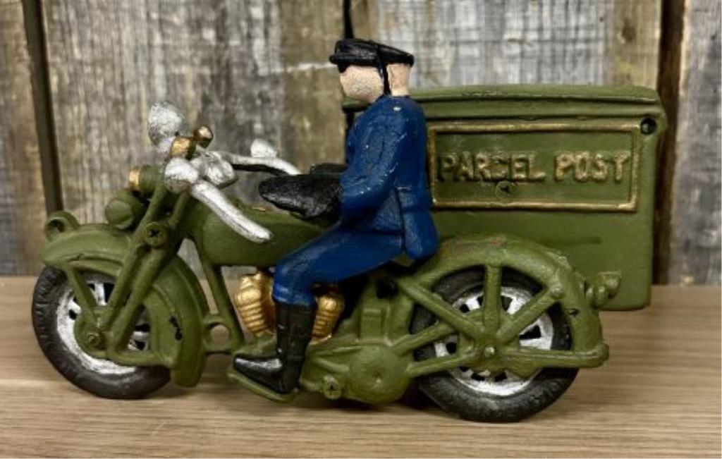 Motorcycle with US Parcel Post Sidecar and Rider