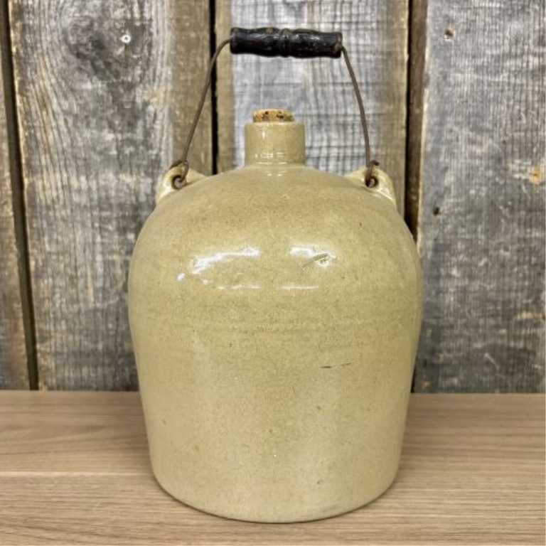 Antique American Stoneware Shoulder Jug with Wire Bail Handle and Cork Stopper