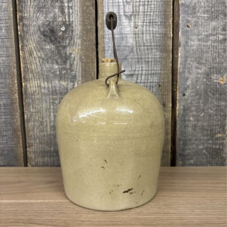 Antique American Stoneware Shoulder Jug with Wire Bail Handle and Cork Stopper