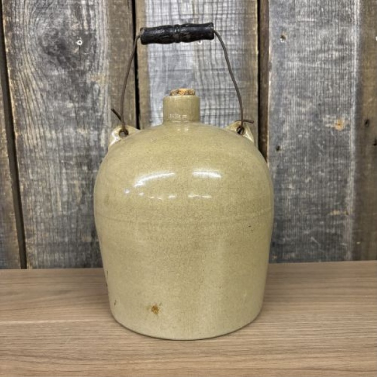 Antique American Stoneware Shoulder Jug with Wire Bail Handle and Cork Stopper