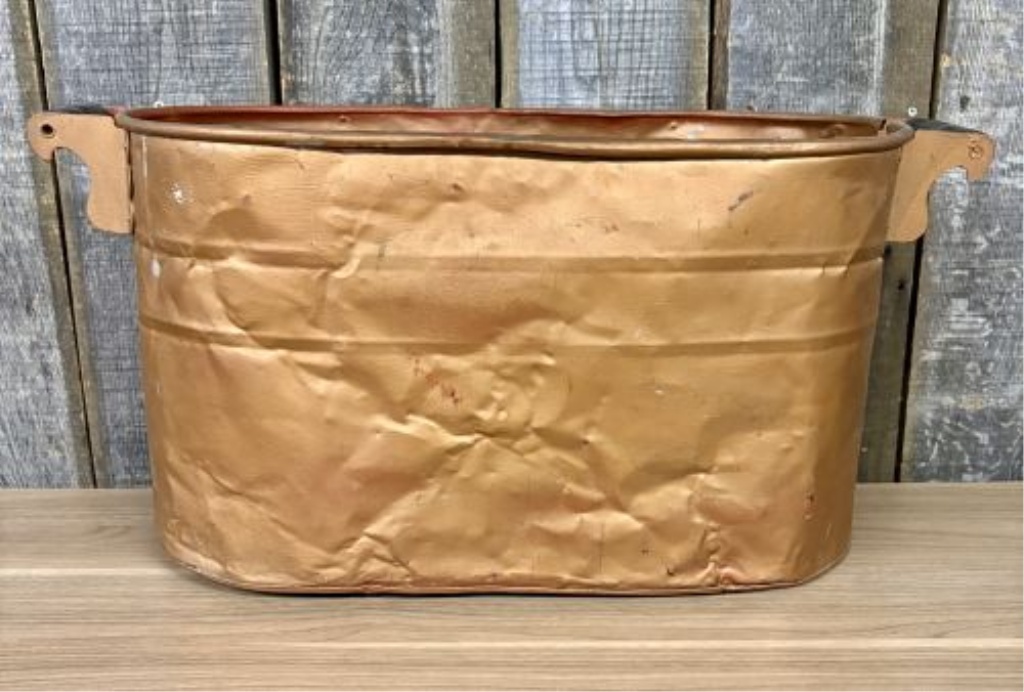 Antique Copper Wash Boiler Utility Tub with Wood Handles