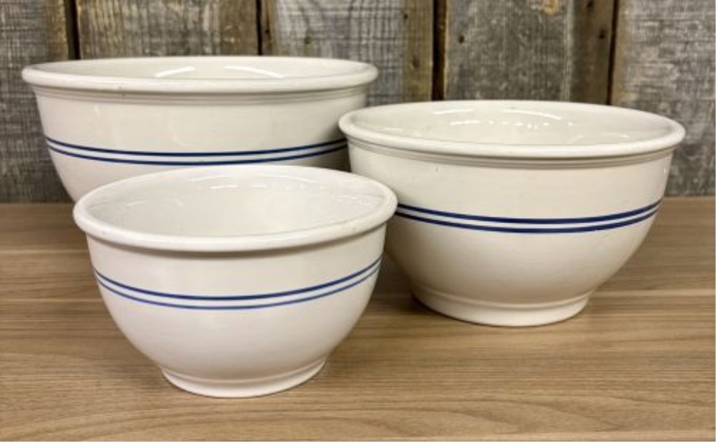 A Set of Three Gibson China Blue Banded Ceramic Nesting Mixing Bowls
