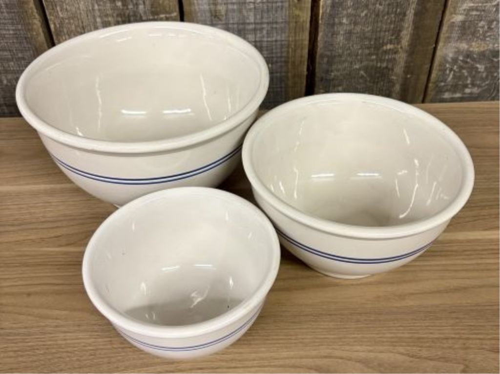 A Set of Three Gibson China Blue Banded Ceramic Nesting Mixing Bowls