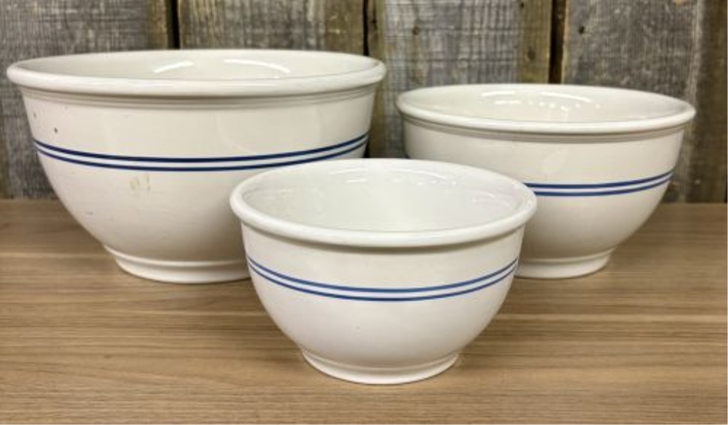 A Set of Three Gibson China Blue Banded Ceramic Nesting Mixing Bowls