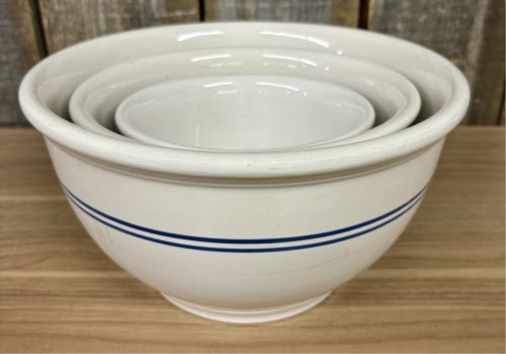 A Set of Three Gibson China Blue Banded Ceramic Nesting Mixing Bowls