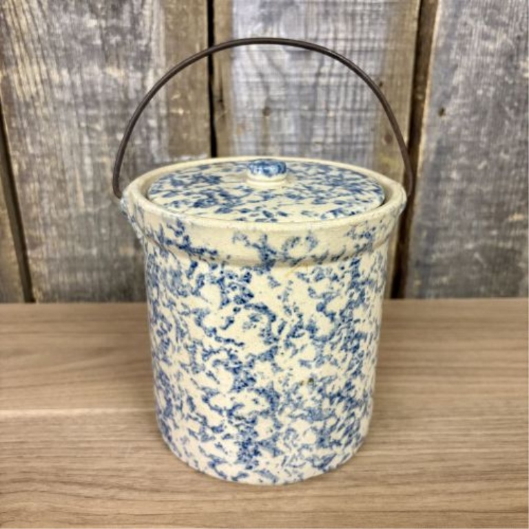 American Blue and White Spongeware Stoneware Crock with Lid and Bale Handle