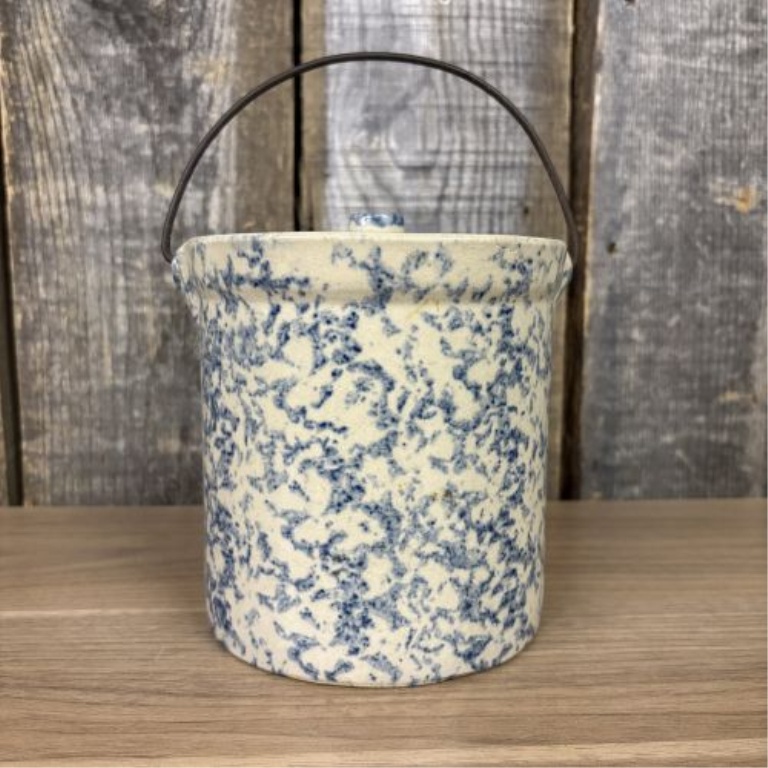 American Blue and White Spongeware Stoneware Crock with Lid and Bale Handle