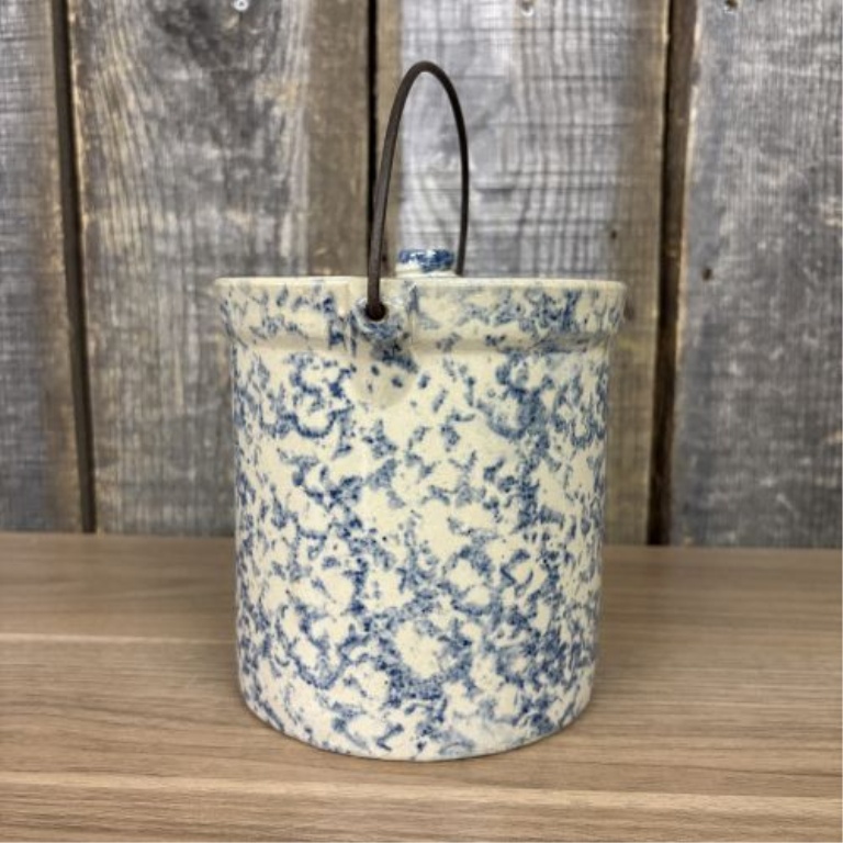 American Blue and White Spongeware Stoneware Crock with Lid and Bale Handle