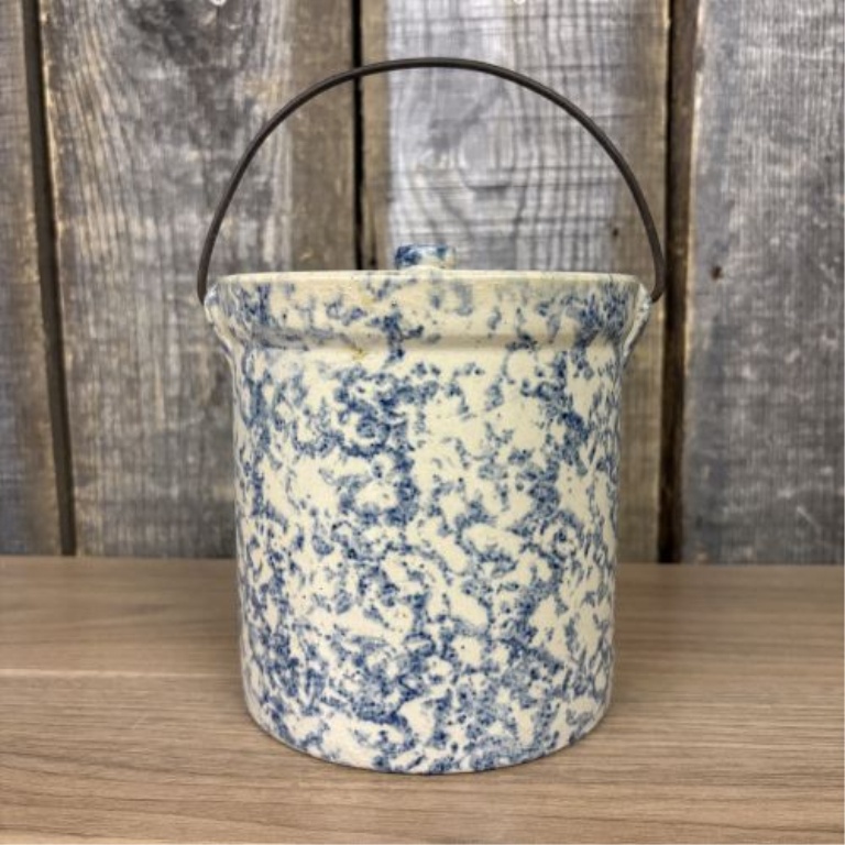 American Blue and White Spongeware Stoneware Crock with Lid and Bale Handle