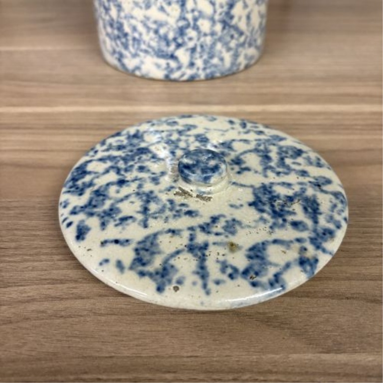 American Blue and White Spongeware Stoneware Crock with Lid and Bale Handle