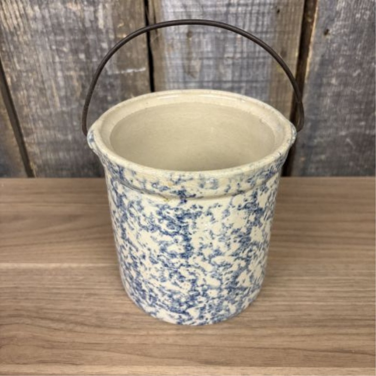 American Blue and White Spongeware Stoneware Crock with Lid and Bale Handle