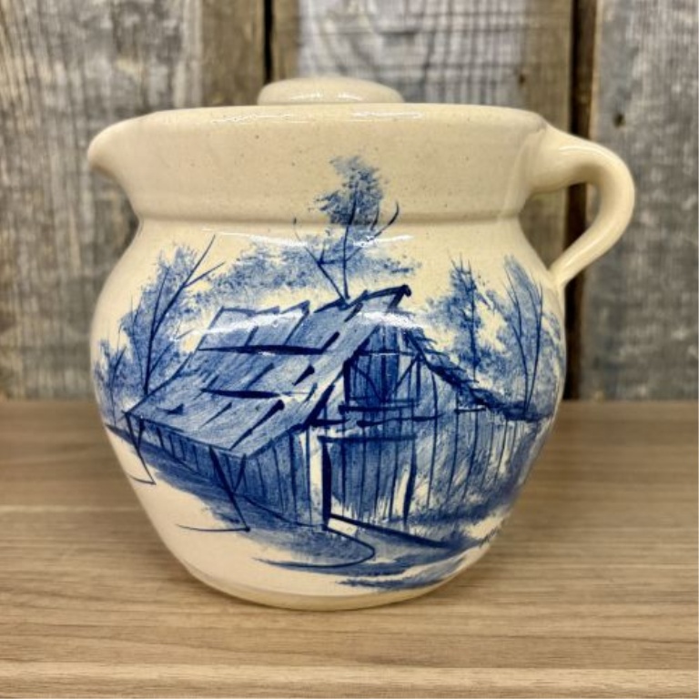 Paul Storie Pottery Stoneware Lidded Pitcher with Hand Painted Blue Barn Scene