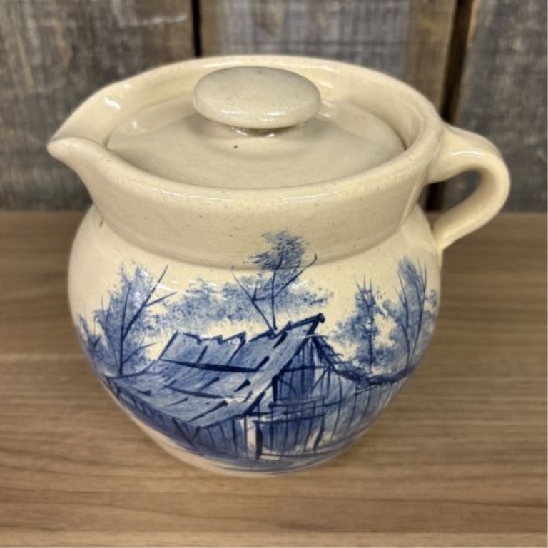 Paul Storie Pottery Stoneware Lidded Pitcher with Hand Painted Blue Barn Scene