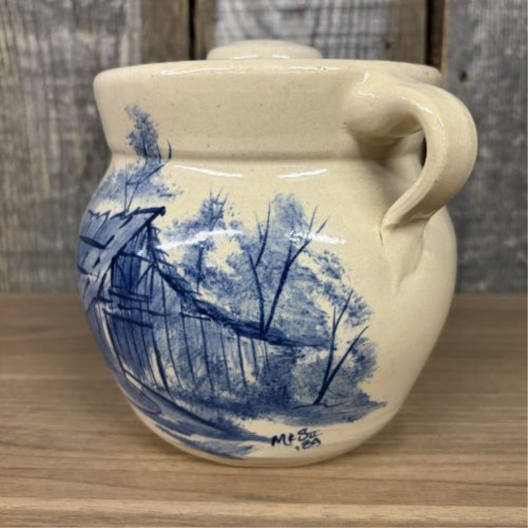 Paul Storie Pottery Stoneware Lidded Pitcher with Hand Painted Blue Barn Scene
