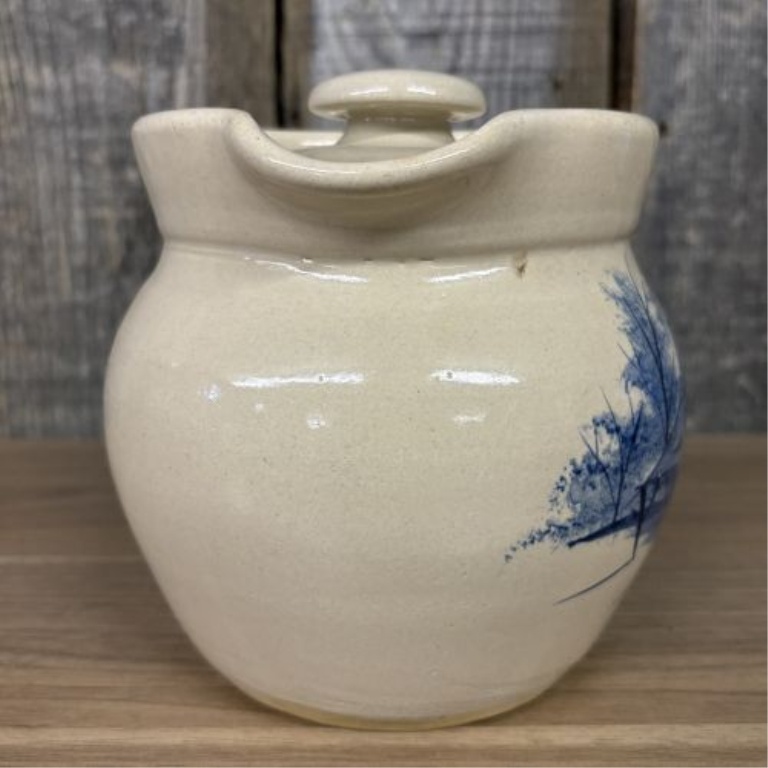 Paul Storie Pottery Stoneware Lidded Pitcher with Hand Painted Blue Barn Scene