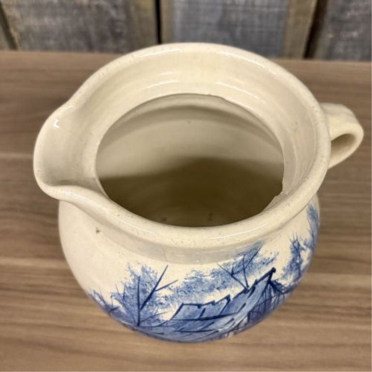 Paul Storie Pottery Stoneware Lidded Pitcher with Hand Painted Blue Barn Scene