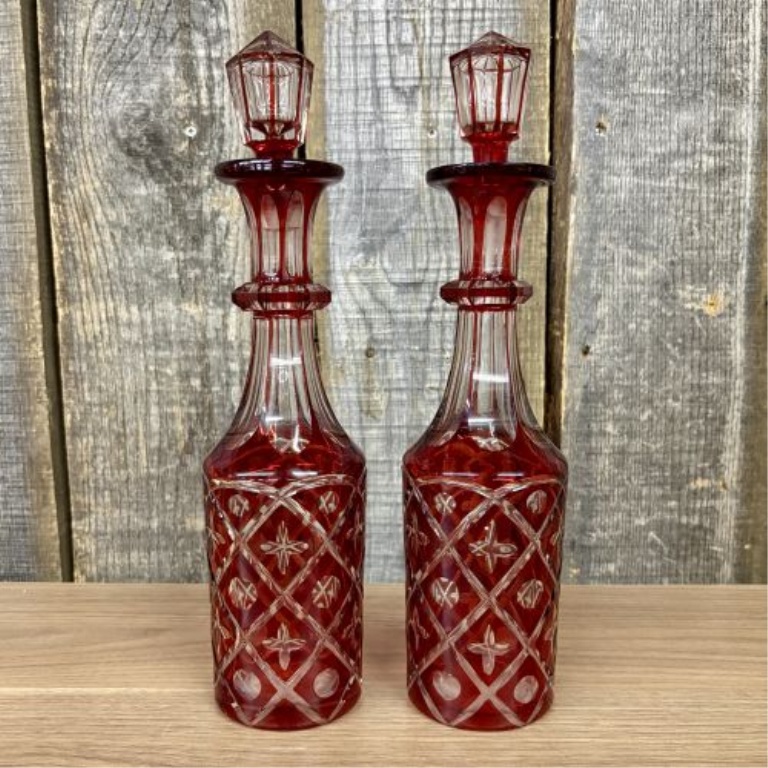 A Pair of Bohemian Style Ruby Cut to Clear Glass Decanters